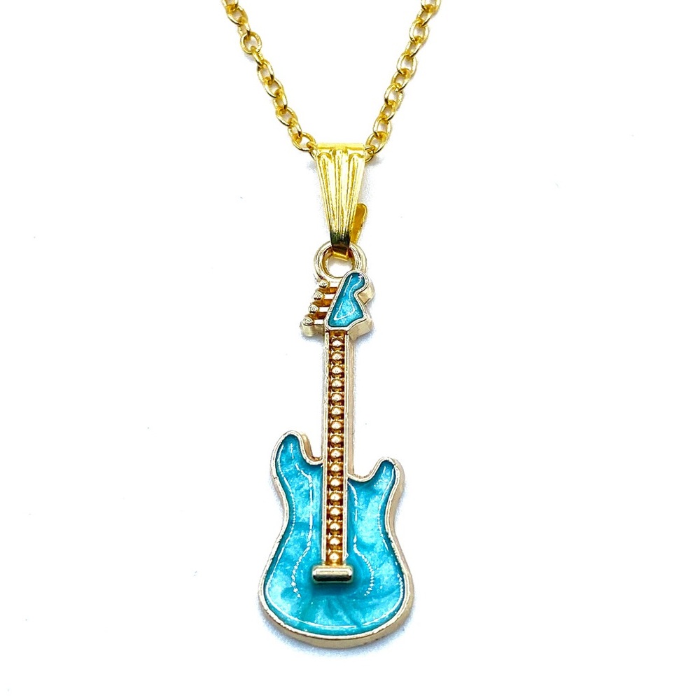 Aqua Blue and Gold Guitar Pendant Necklace